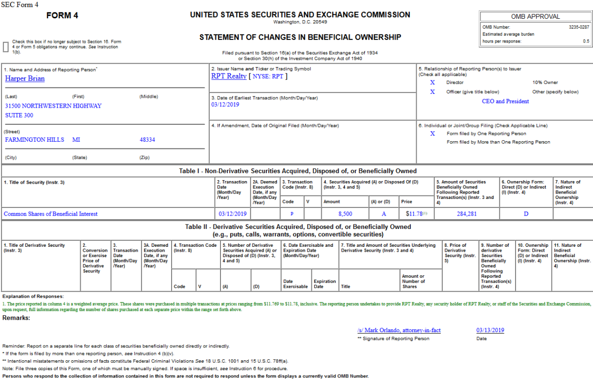 Insider Buying in RPT Realty (RPT)