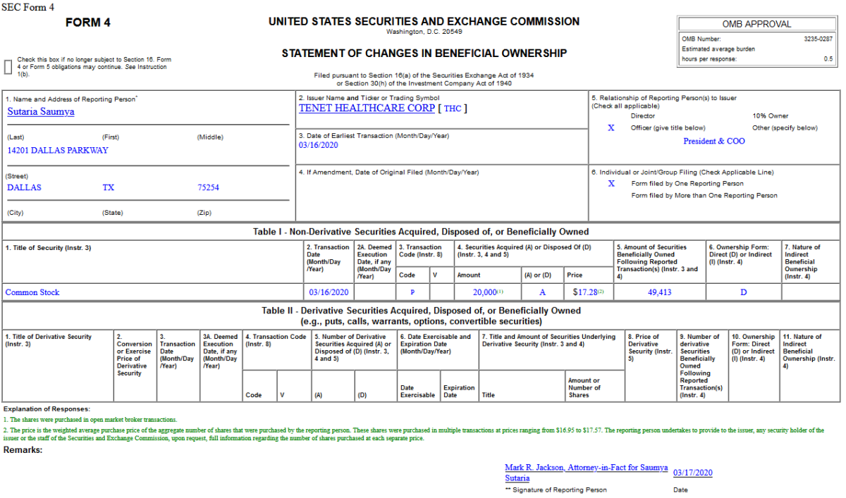 Insider Buying in Tenet Healthcare Corporation (THC)