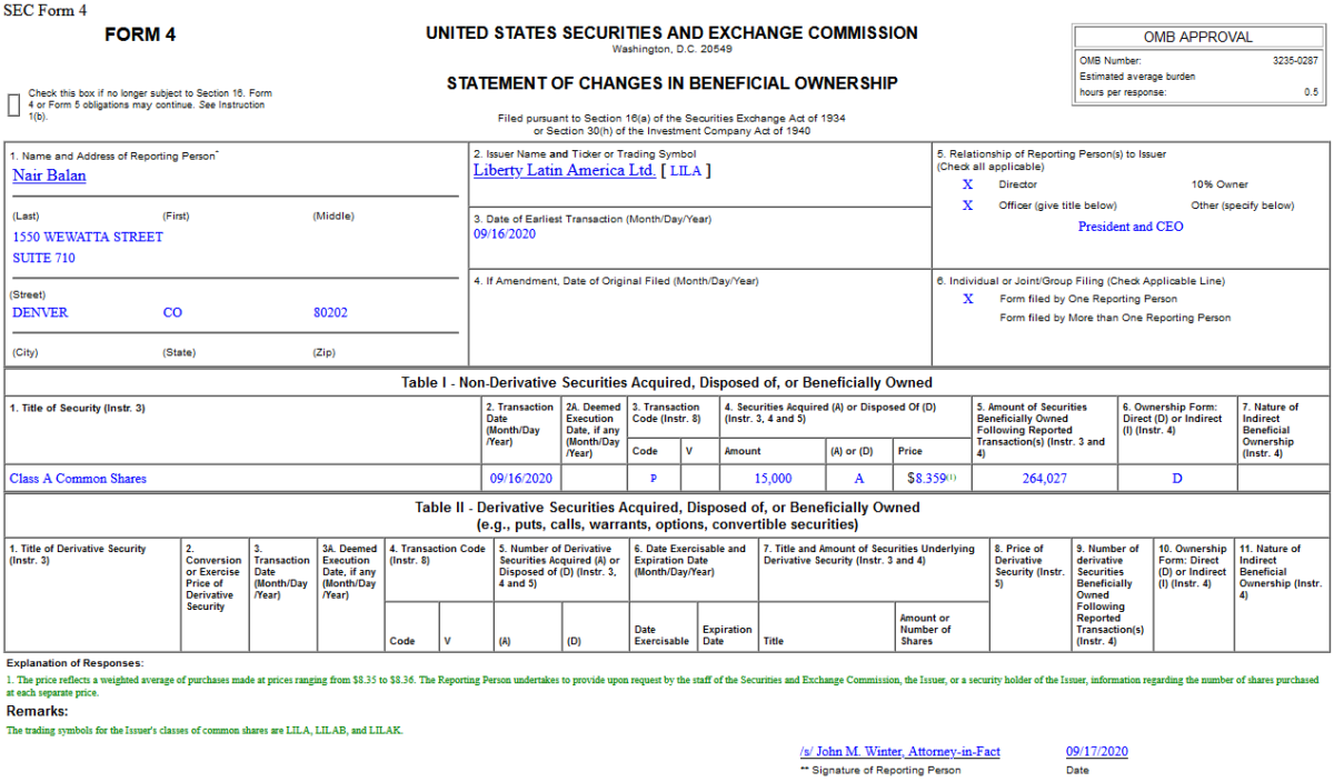 Insider Buying in Liberty Latin America Ltd. (LILA)